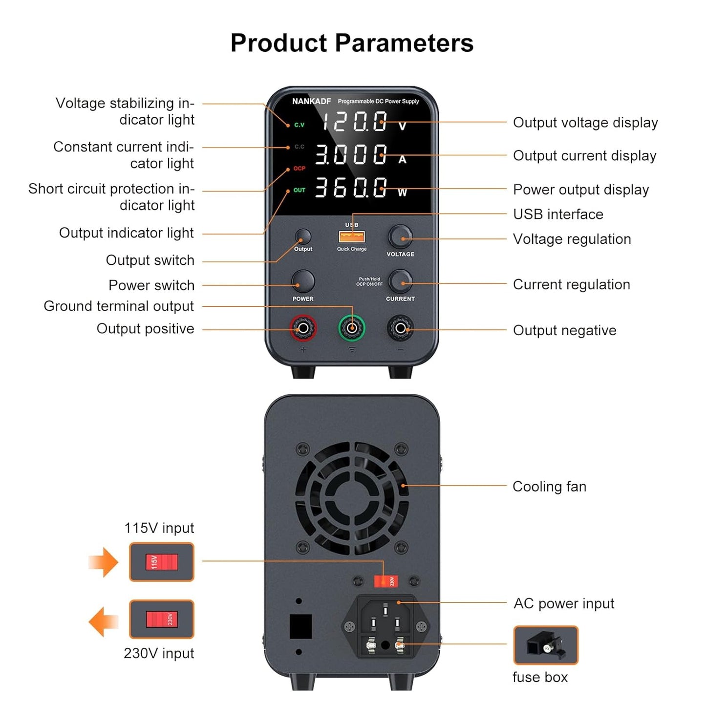Sursa de alimentare de laborator 0-120 V, 0-3 A, 360 W, cu display LED, ventilator de racire, functie protectie supracurent (OCP), cu port USB 18 W, stabilizare voltaj si curent, CV/CC