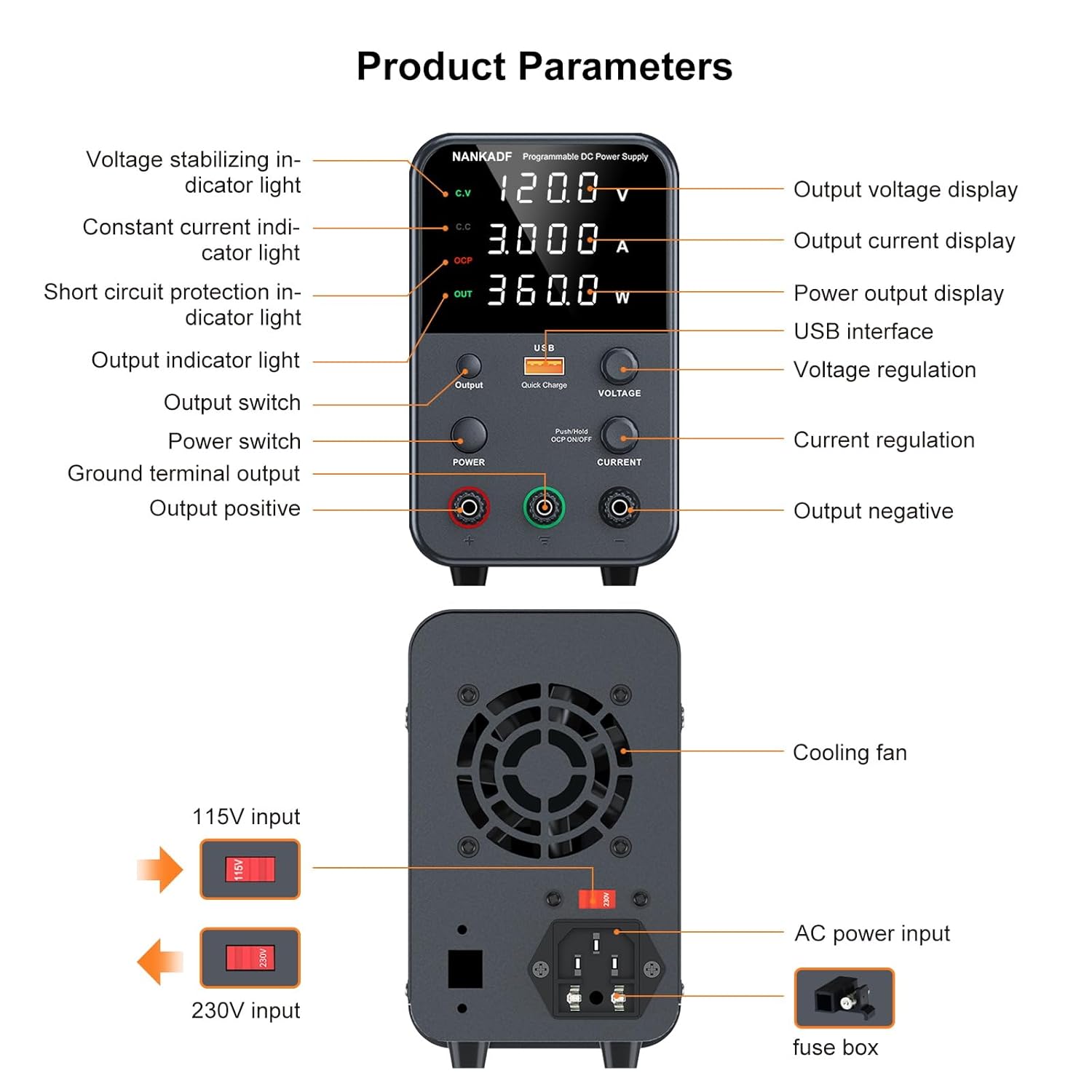 Sursa de alimentare de laborator 0-120 V, 0-3 A, 360 W, cu display LED, ventilator de racire, functie protectie supracurent (OCP), cu port USB 18 W, stabilizare voltaj si curent, CV/CC