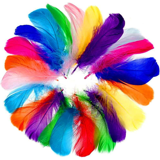 Set 500 pene decorative colorate 8-12 cm pentru mestesuguri, bricolaj, pene naturale de gasca, pentru ornamente, decor, proiecte creative