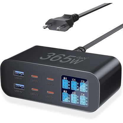 Incarcator retea 365 W GaN, cu afisaj LED, statie de incarcare cu 6 porturi, 4 porturi USB-C 100W, 2 porturi USB-A, incarcare rapida, pentru MacBook Air/Pro, Laptop, iPhone, iPad, Samsung, AirPods Pro, Apple Watch