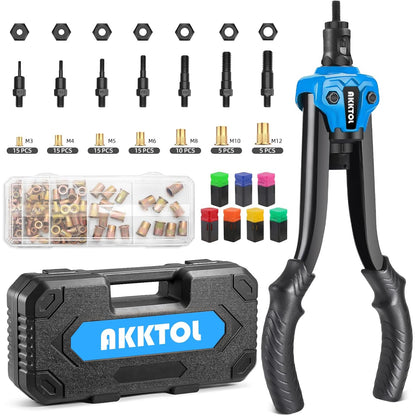 Cleste AKKTOL pentru nituri filetate M3–M12, set profesional cu 80 piulite nit, dornuri intercambiabile, cutie organizare si carcasa protectie, pentru reparatii auto si prelucrarea metalelor