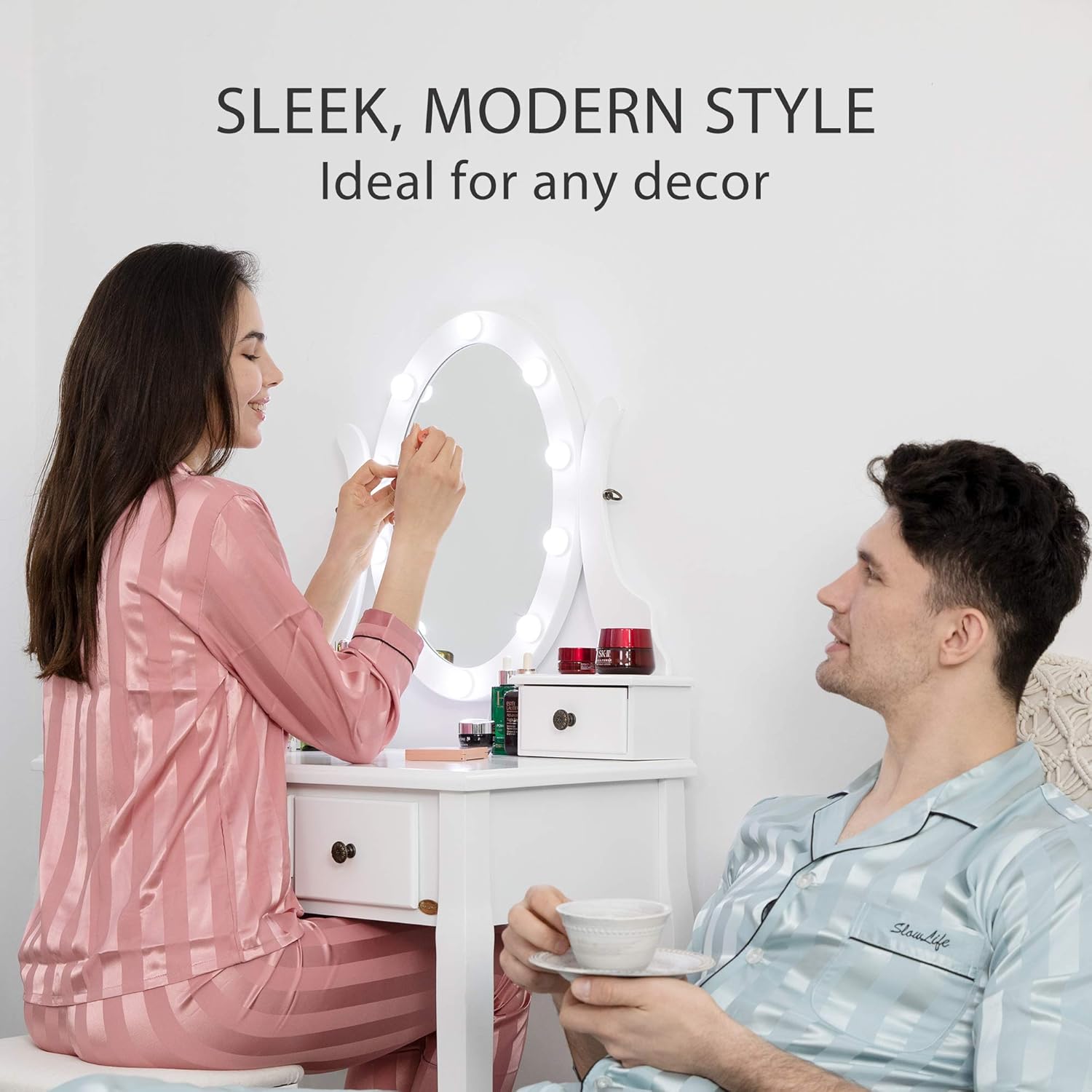 Masa de toaleta/machiaj cu oglinda cosmetica iluminata LED rotativa, scaun captusit, masuta cu sertare pentru depozitare, 134 x 81 x 40 cm, alba