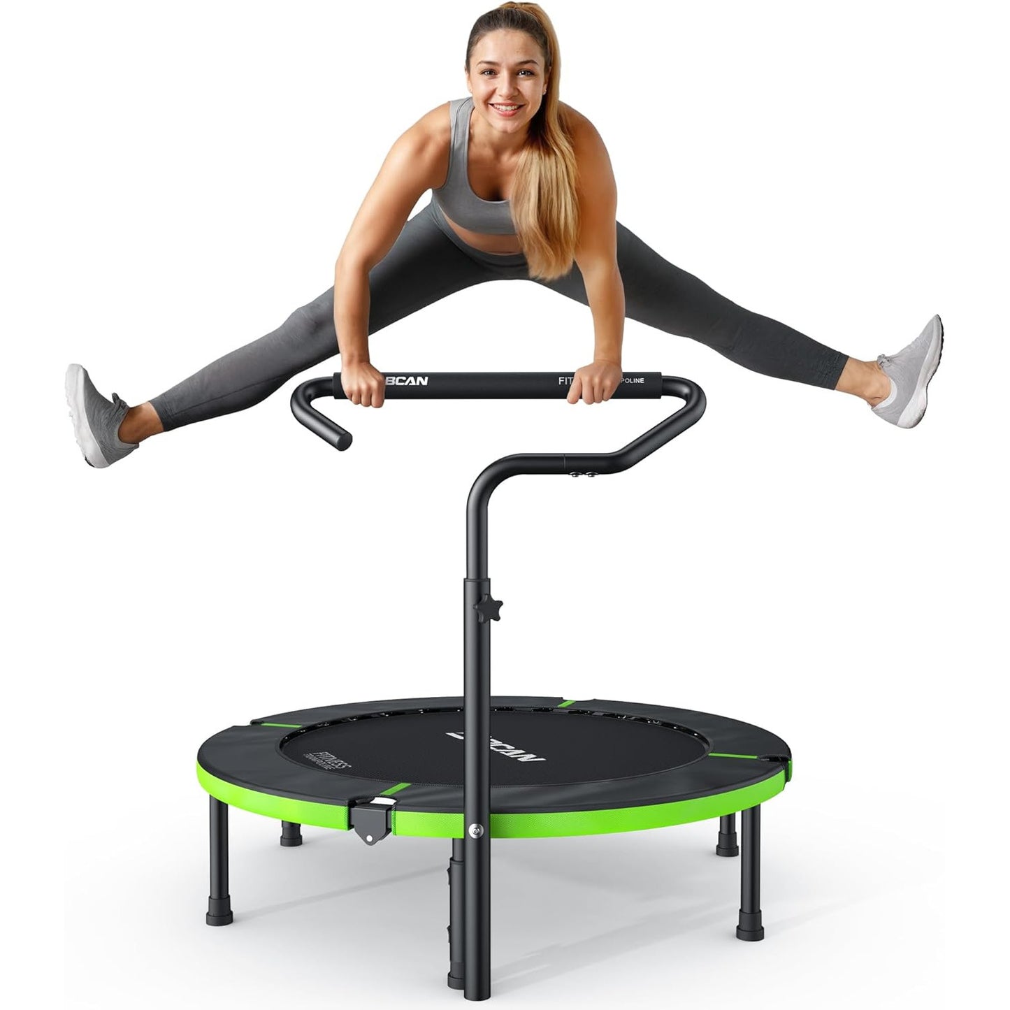 Trambulina fitness pliabila BCAN 102 cm pentru interior, capacitate maxima 150 kg, 32 arcuri ranforsate, cadru metalic stabil, ghidon reglabil cu maner din spuma, sistem anti-rasturnare, trambulina pentru exercitii cardio si fitness