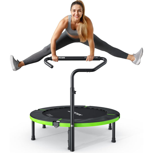 Trambulina fitness pliabila BCAN 102 cm pentru interior, capacitate maxima 150 kg, 32 arcuri ranforsate, cadru metalic stabil, ghidon reglabil cu maner din spuma, sistem anti-rasturnare, trambulina pentru exercitii cardio si fitness
