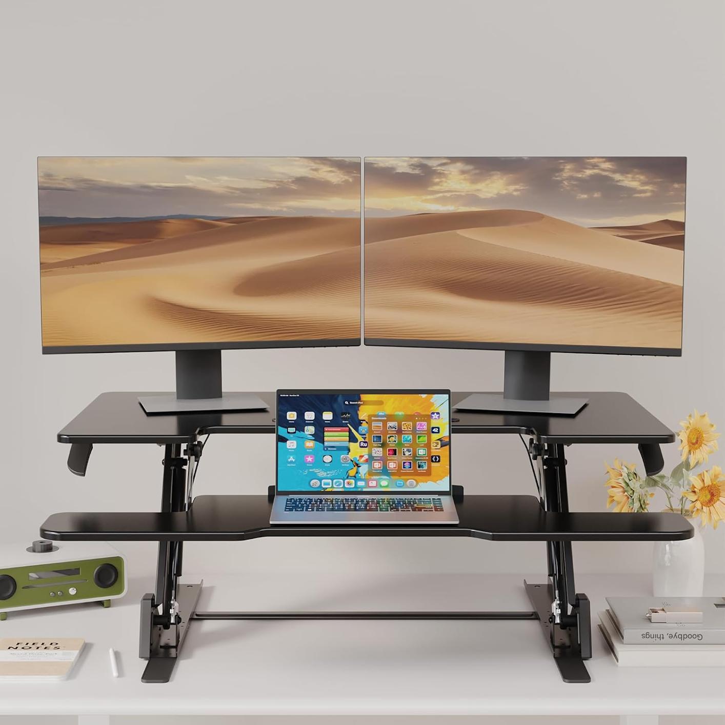 Suport de birou reglabil Bontec, 107x52.2cm, capacitate 15kg, arc dublu, reglaj inaltime 15–44 cm, pentru statie de lucru cu doua monitoare, negru