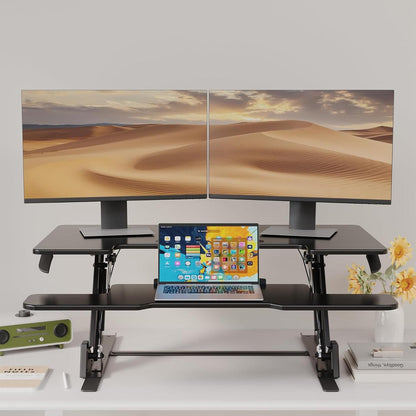 Suport de birou reglabil Bontec, 107x52.2cm, capacitate 15kg, arc dublu, reglaj inaltime 15–44 cm, pentru statie de lucru cu doua monitoare, negru
