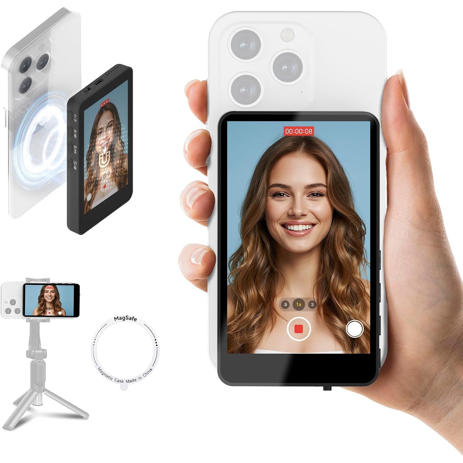 Monitor de selfie wireless pentru smartphone, ecran suplimentar magnetic pentru iPhone si Android, 3.9 inch, cu difuzor incorporat, 50 m distanta de conectare, autonomie 3 ore, negru