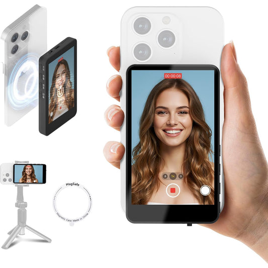Monitor de selfie wireless pentru smartphone, ecran suplimentar magnetic pentru iPhone si Android, 3.9 inch, cu difuzor incorporat, 50 m distanta de conectare, autonomie 3 ore, negru