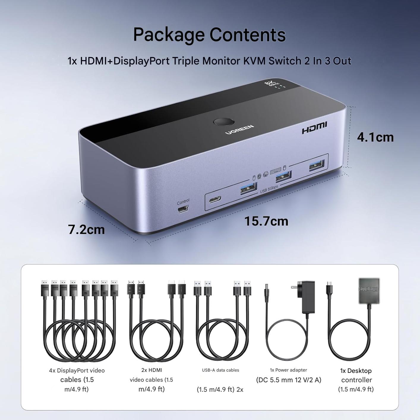 Comutator KVM UGREEN pentru 2 PC-uri si 3 monitoare, HDMI 2.1 + 2x DisplayPort 1.4, rezolutie 8K@60Hz / 4K@240Hz, 4 porturi USB 3.0 5Gbps, controler Desktop si buton comutare, compatibil Windows/Linux, HDR10, G-Sync, VRR, include cabluri