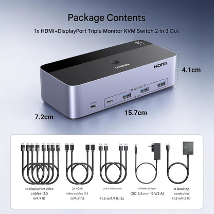 Comutator KVM UGREEN pentru 2 PC-uri si 3 monitoare, HDMI 2.1 + 2x DisplayPort 1.4, rezolutie 8K@60Hz / 4K@240Hz, 4 porturi USB 3.0 5Gbps, controler Desktop si buton comutare, compatibil Windows/Linux, HDR10, G-Sync, VRR, include cabluri