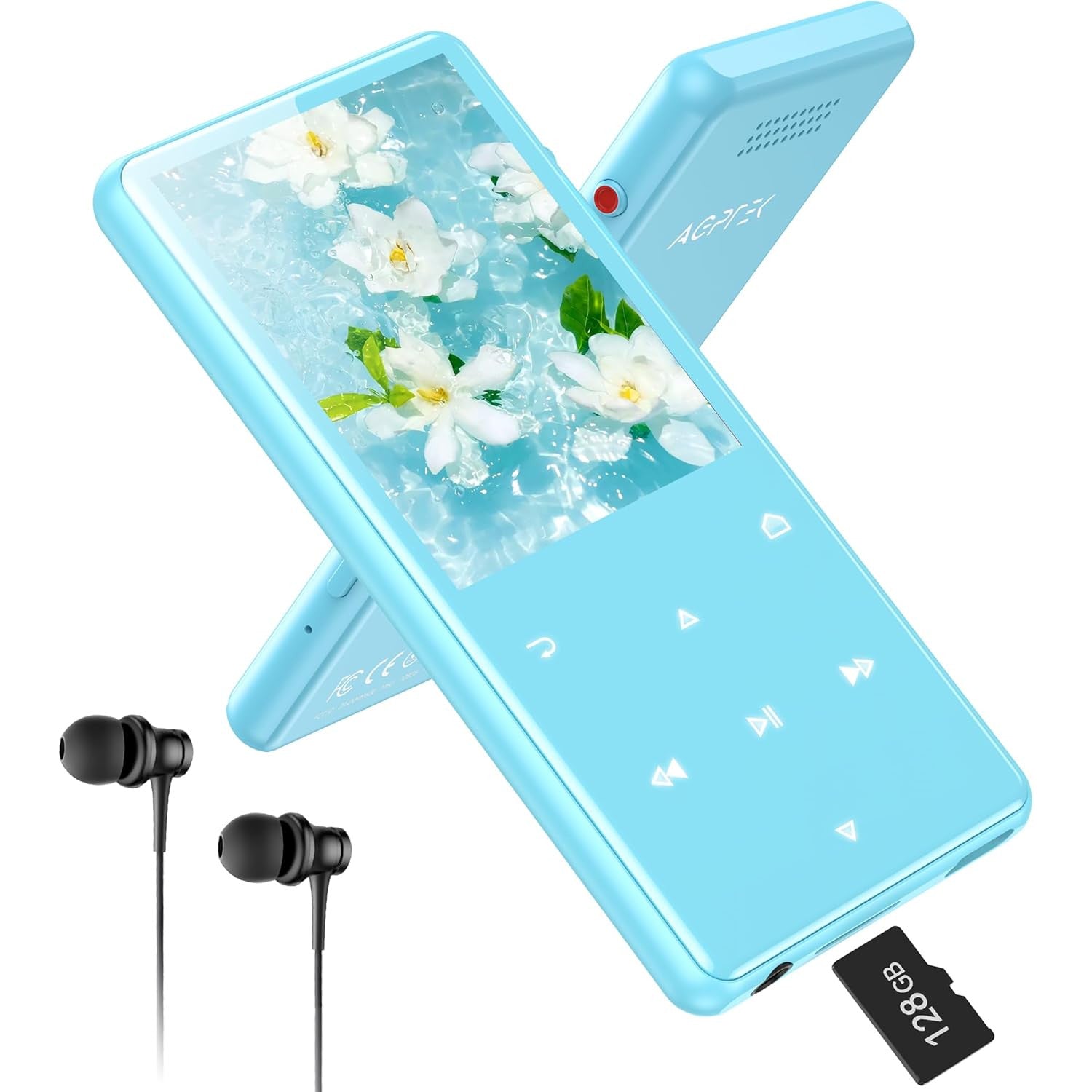 MP3 Player 128 GB AGPTEK cu Bluetooth 5.4, ecran 2, 4 inch, inregistrare cu un singur clic, difuzor HD incorporat, radio FM, carcasa metalica, butoane tactile, portabil, casti incluse, albastru
