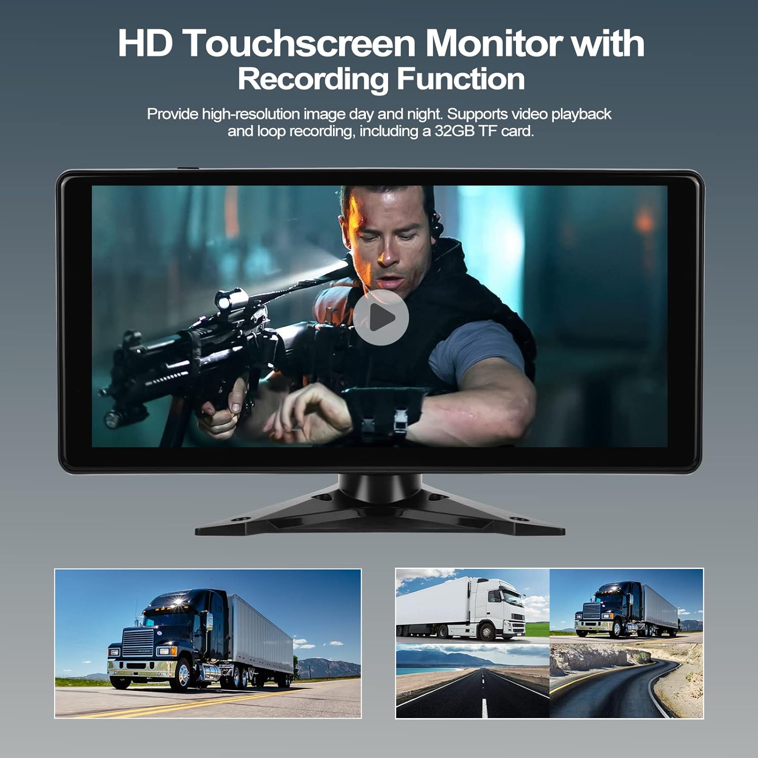 Multimedia player auto cu 4 camere marsarier impermeabile IP67 si nightvision, cu monitor touchscreen de 10, 36 inch, functie split screen, Bluetooth, Transmitator FM, pentru masina, camion, rulota, autocar