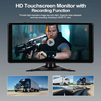 Multimedia player auto cu 4 camere marsarier impermeabile IP67 si nightvision, cu monitor touchscreen de 10, 36 inch, functie split screen, Bluetooth, Transmitator FM, pentru masina, camion, rulota, autocar
