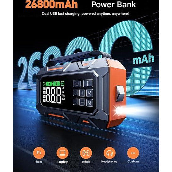 Starter auto multifunctional 14 în 1 TREKURE, 7000A, baterie externă 26800 mAh, compresor 160 PSI, kit de urgență cu 5 LED-uri