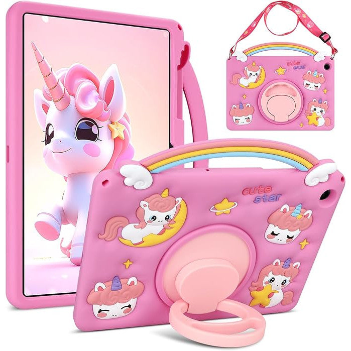 Husa Coolden 3D unicorn pentru tabletă, silicon, suport rotativ, curea de umăr, 11 inch