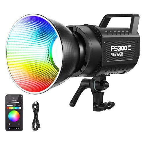 Lampa studio LED COB 300 W, RGB, 17 efecte, lumina continua COB 2500K-7500K, 29000 lux/1 m, dimabila, ventilator silentios, montura Bowens CRI95+/TLCI97+, cu control aplicatie dedicata, pentru fotografie de studio si inregistrare video