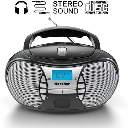Radio portabil cu CD Player UKW/FM, AUX & Jack casti, alimentare pe baterii sau la retea – Sistem audio compact practic pentru acasa si calatorie, negru