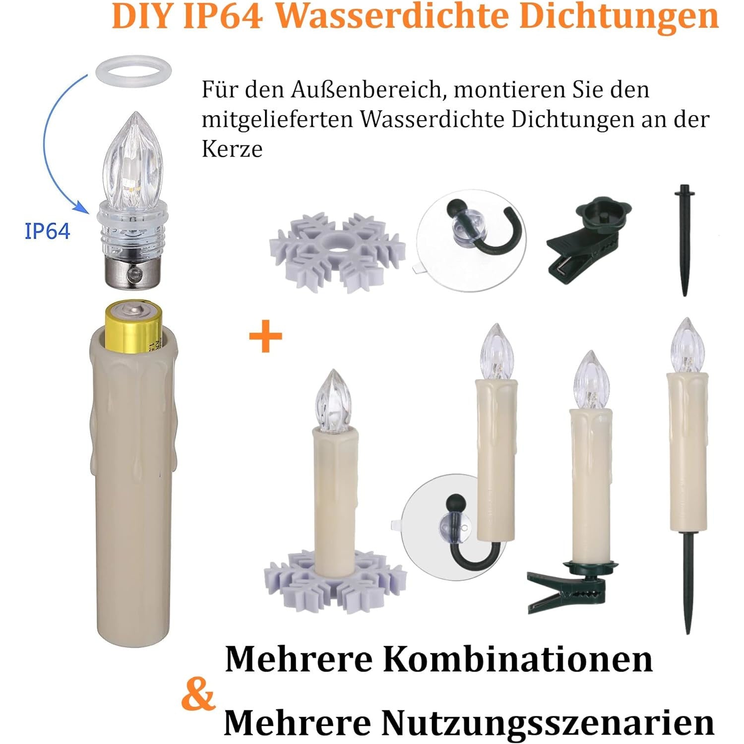 Set 10 Lumanari LED cu telecomanda, impermeabile IP64, dimabile cu 5 niveluri luminozitate, 3 moduri iluminare, cu prindere tip clema, tarus, ventuza sau suport, pentru Halloween, Craciun, nunta, petrecere, decoratiuni de gradina