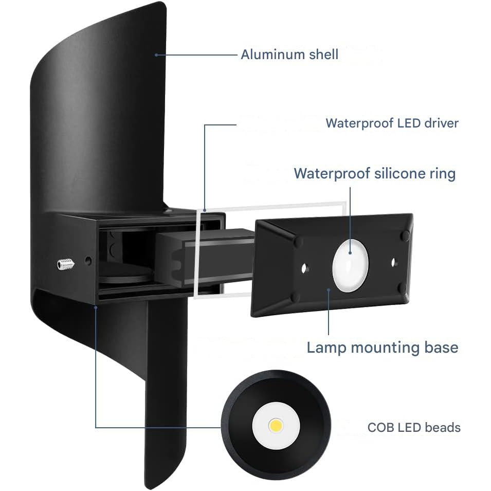 Aplica LED, lampa de perete de exterior/interior, din metal, alb cald 3000 K, impermeabila IP65, pentru gradina, living, baie, dormitor, negru
