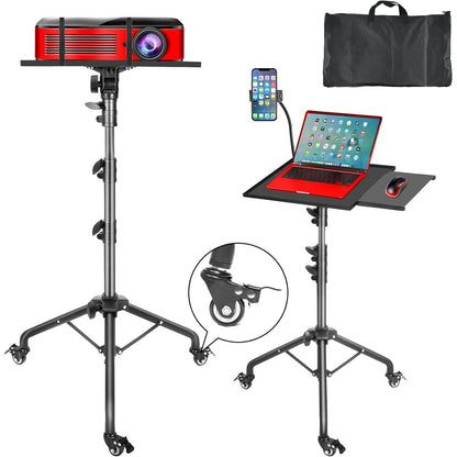 Suport mobil pentru videoproiector/laptop, stand cu inaltime reglabila 66-160 cm, suport smartphone, capacitate 10 kg, din metal, tava rotativa 360°, pentru proiector, tableta, mixer, laptop, partitura, negru