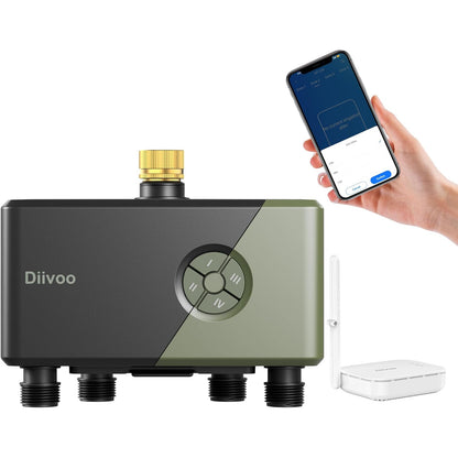 Computer de irigatii smart Diivoo WLAN 4 iesiri – Temporizator udare gradina WiFi + Ethernet, control app, compatibil Alexa si Google, 24 programe, udare 4 zone, mod ploaie si ceata, economisire apa, intrare alama anti-scurgeri