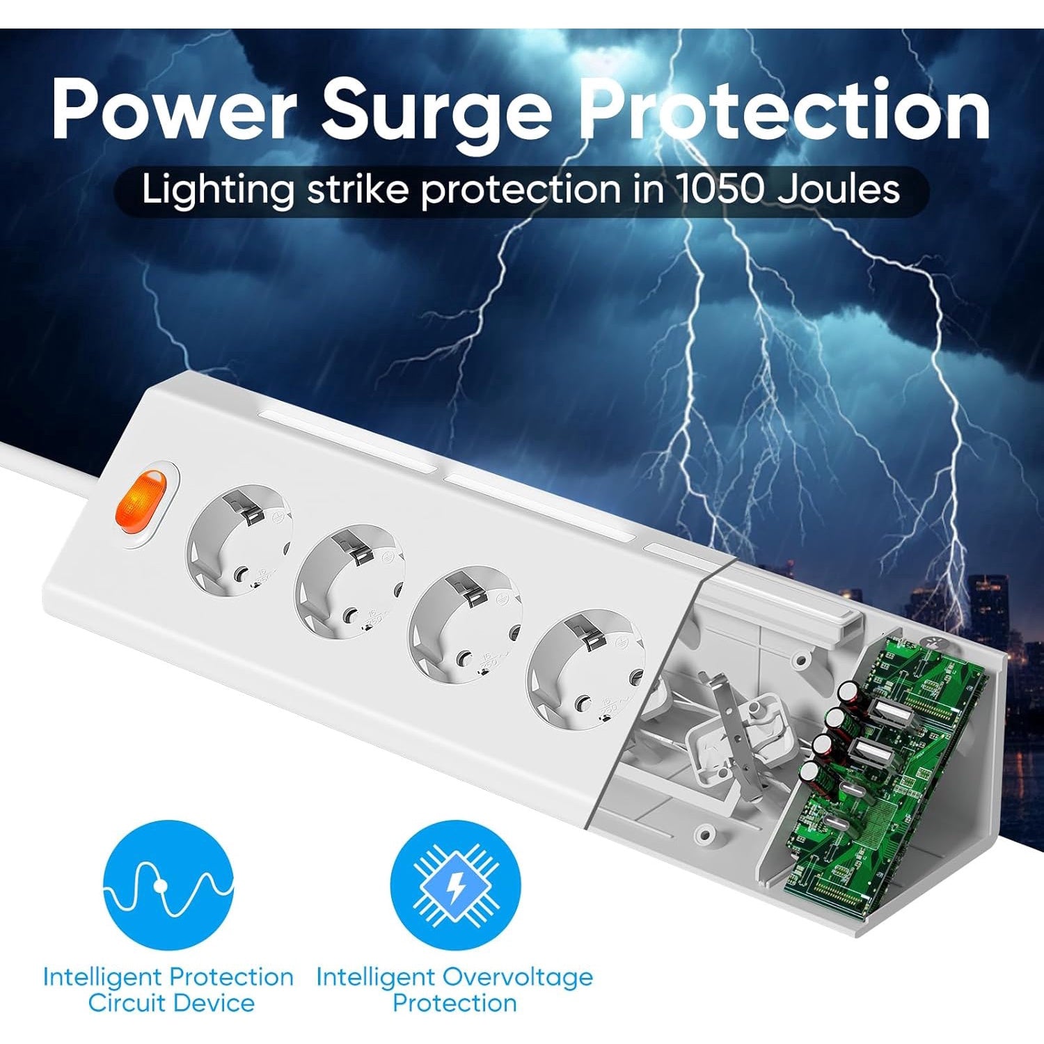Prelungitor pentru perete/colt 3680 W/16 A, 5 prize, 2 porturi USB-A, 2 porturi USB-C, lumina de noapte reglabila, cablu de 2 m, cu protectie la supratensiune