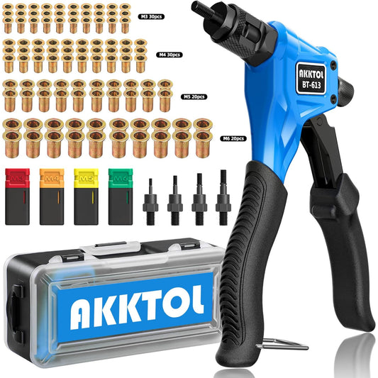 Cleste pentru piulite nituitoare AKKTOL, set complet pentru nituri filetate, 4 dornuri M3/M4/M5/M6 si 100 piulite incluse, cleste din otel aliat cu maner ergonomic antialunecare, geanta transport, pentru metal, tabla, mobilier si bricolaj
