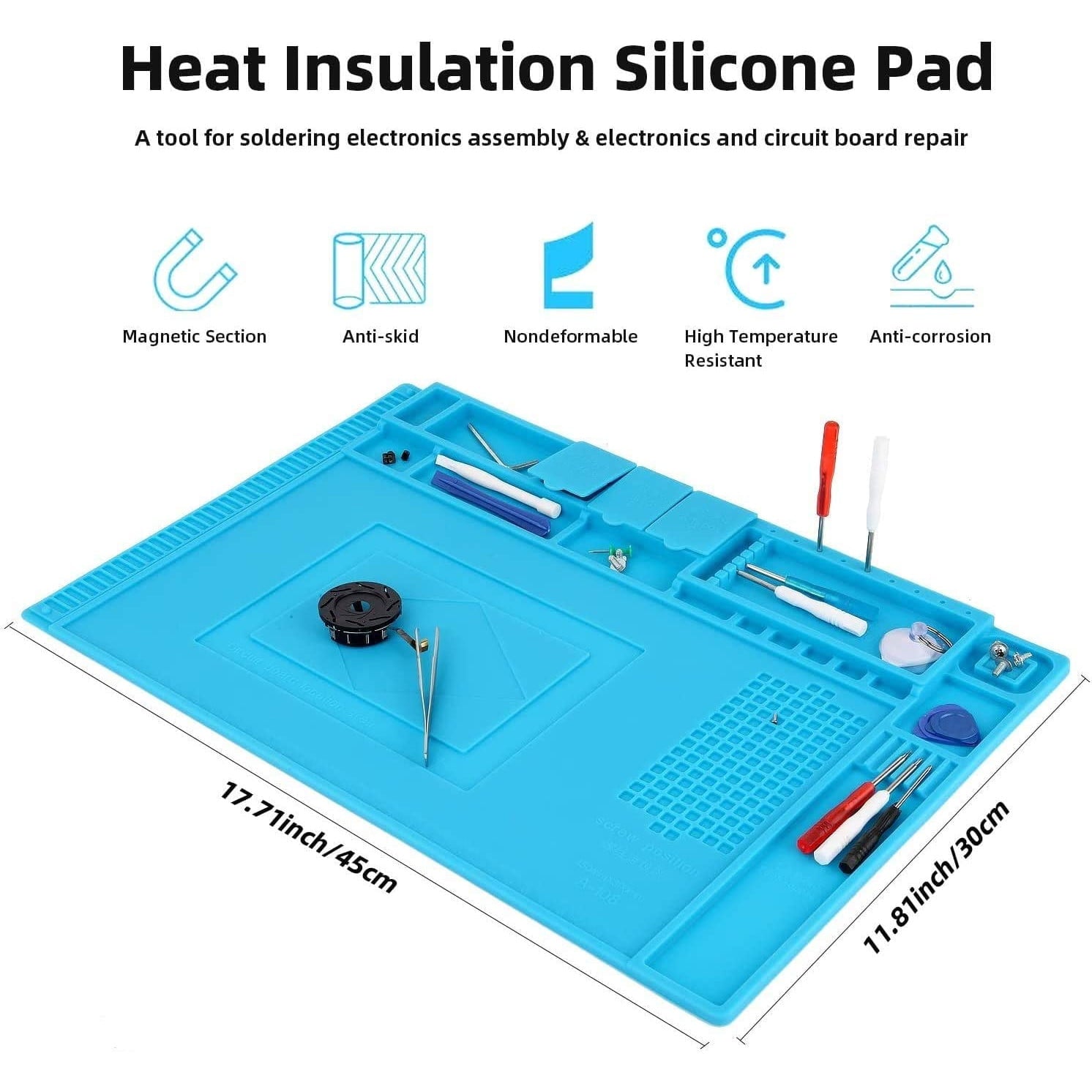 Covoras multifunctional pentru pistol de lipit, 45 x 30 cm, antistatic, din silicon rezistent la caldura 500°C, protectie masa de lucru cu compartimente magnetice, albastru