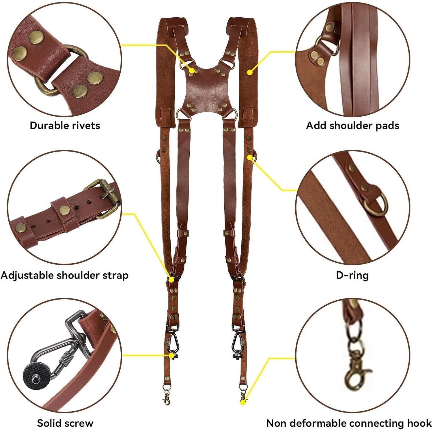 Curea de transport cu design in X pentru doua camere, HERCHR, curea de umar din piele vintage, multi-viteze, universala pentru DSLR/SLR, ajustabila, pentru femei si barbati, maro