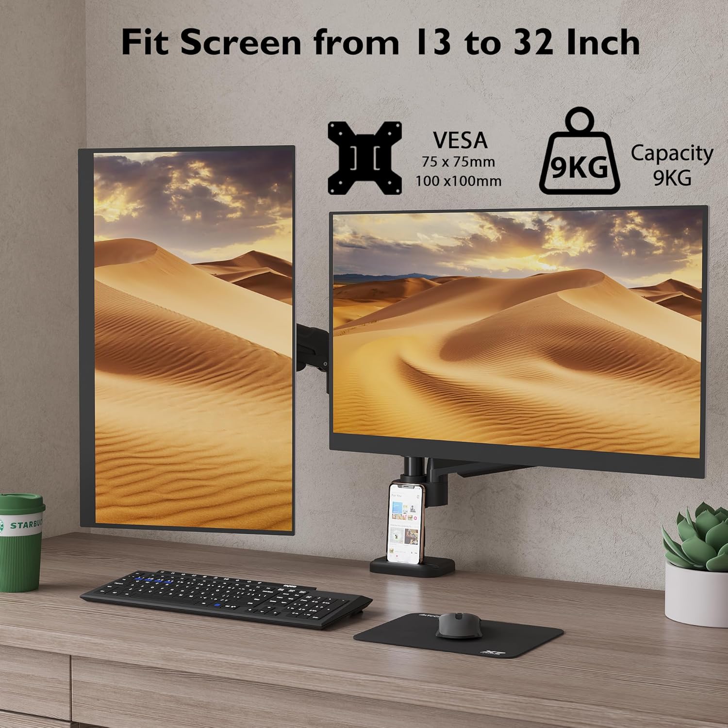 Suport 2 monitoare 13-32 inch, VESA 75/100 mm, greutate suportata pana la 9 kg, rotire 360°, inclinare 90°, amortizor cu gaz integrat, inaltime reglabila, prindere prin clema sau surub, negru