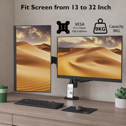 Suport 2 monitoare 13-32 inch, VESA 75/100 mm, greutate suportata pana la 9 kg, rotire 360°, inclinare 90°, amortizor cu gaz integrat, inaltime reglabila, prindere prin clema sau surub, negru