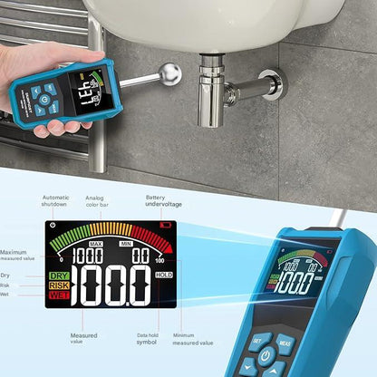 Umidometru, detector digital de umiditate cu LCD color si alarma acustica, masurare precisa, raspuns rapid, patrunde 40 mm, rezolutie: 0, 1%, cu sonda sferica, pentru perete, zidarie, lemn, tencuiala