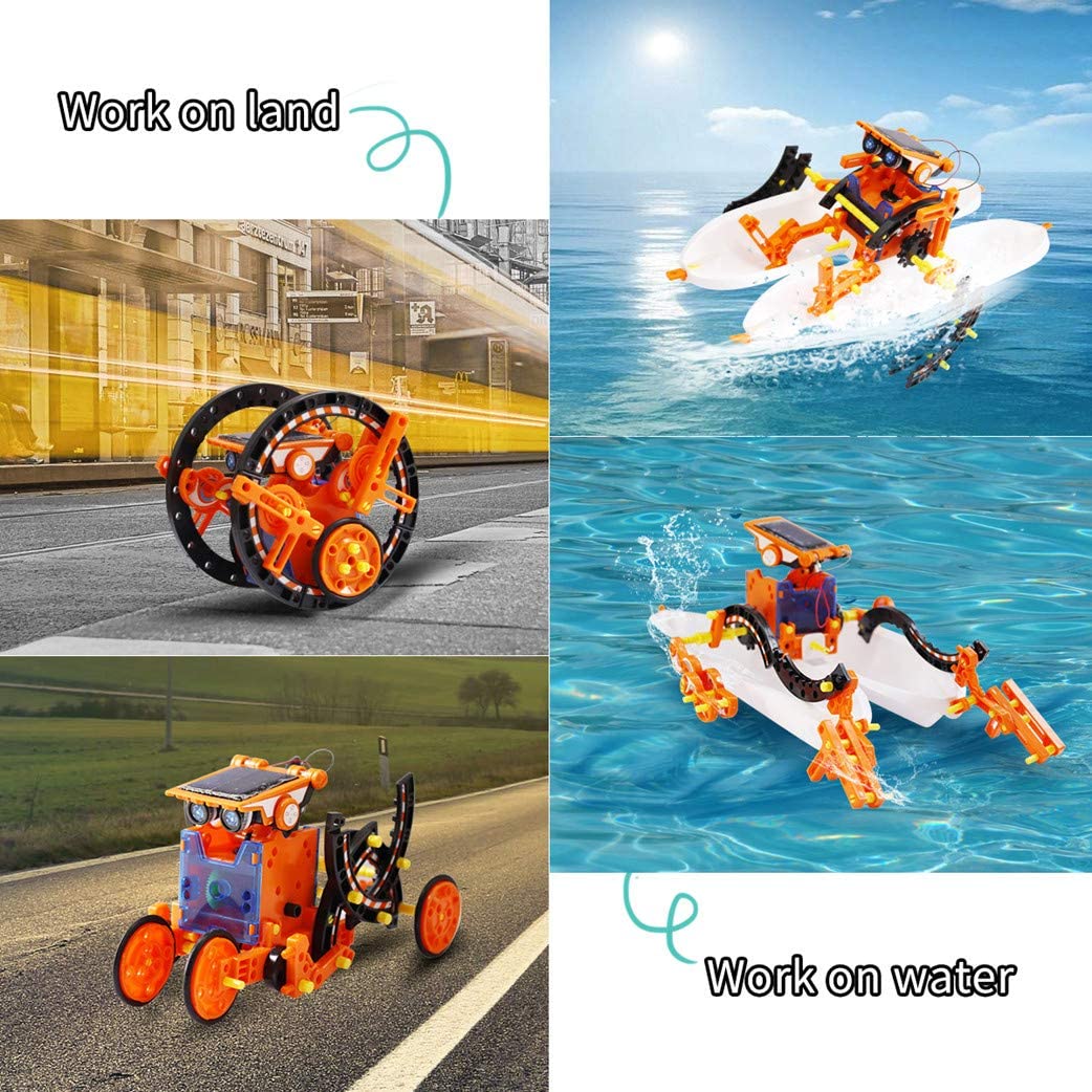 Robot solar 12 in 1, jucarie STEM de construit, Functioneaza pe apa si uscat, pentru copii de peste 10 ani