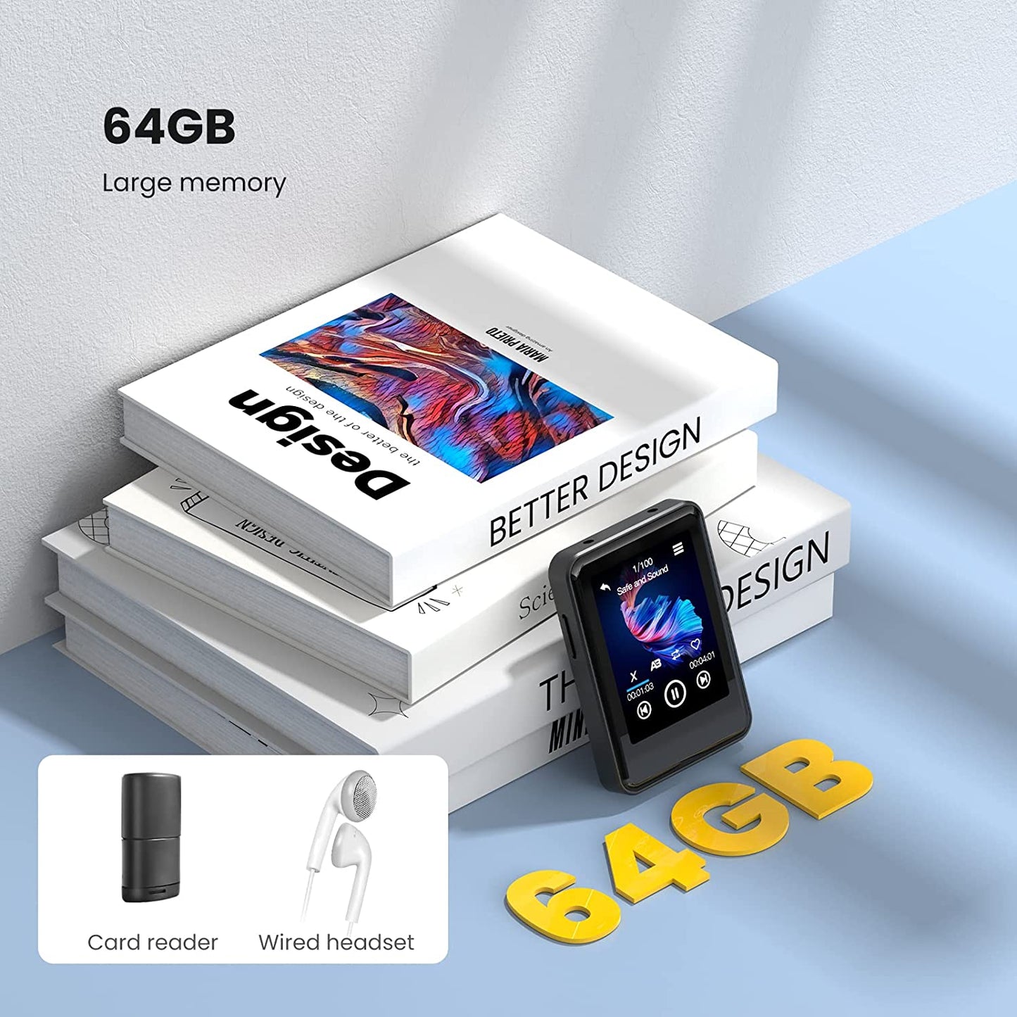 MP3 Player 64 GB cu Bluetooth 5,2, touchscreen 2,4 inch, difuzor incorporat, sunet HiFi, Ebook, ceas cu alarma, Radio FM, inregistrare voce, negru
