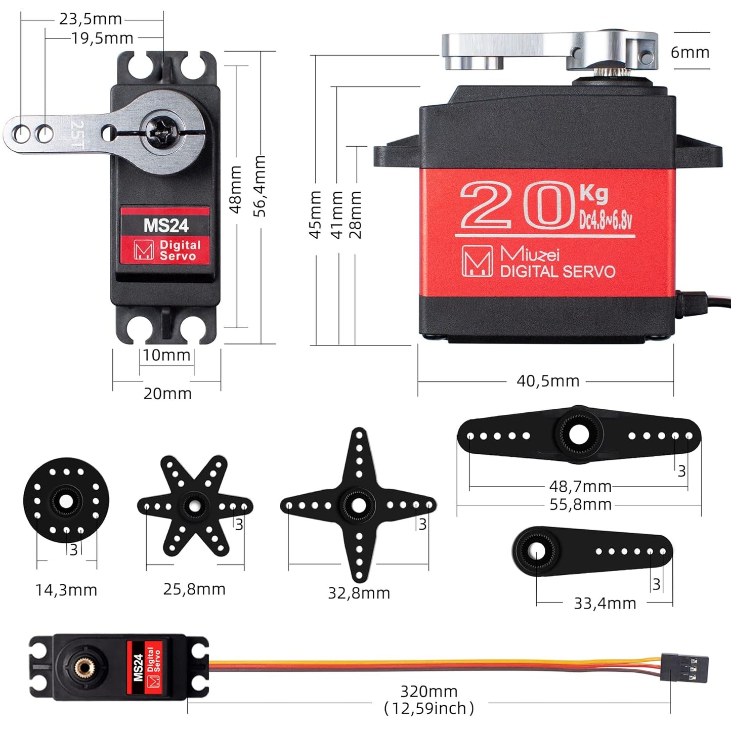 Servomotor RC 20 Kg, 4.8V - 6.8V, impermeabil, unghi operare 0°-270°, angrenaj metalic, pentru brat robot, barca RC, masina RC, model avion, model elicopter, cu cablu de 32 cm