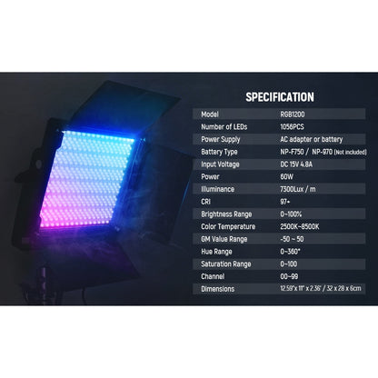 Lumina continua LED RGB cu control aplicatie si 2.4G, 22.000 Lux@0,5m, CRI 97+ / TLCI 98+ / 2500K-8500K, 18 moduri de scena, ajustare culoare 360°, din aliaj de aluminu, Neewer