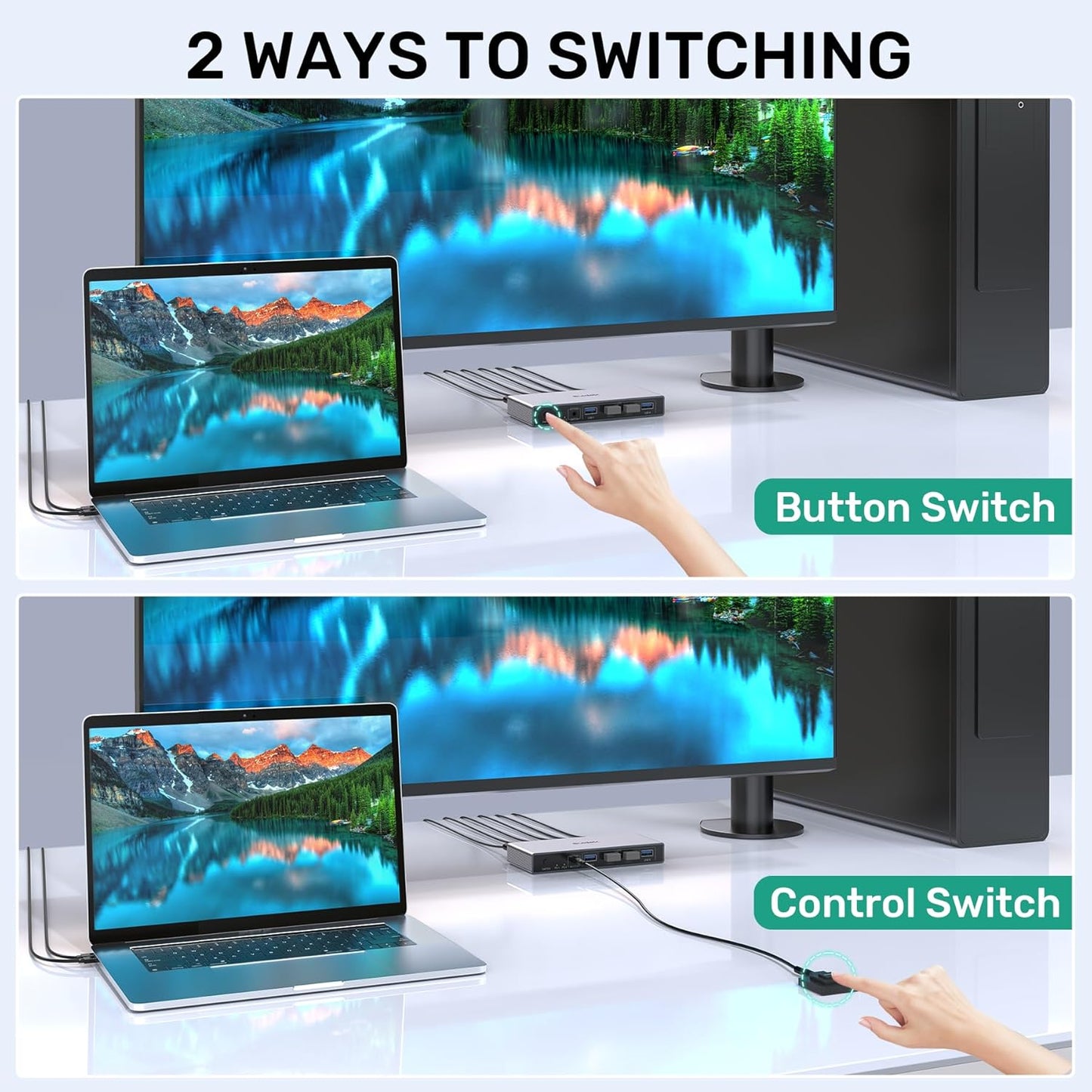 Switch KVM DisplayPort, Hub Adaptor pentru 2 computere si 1 monitor, 8K @ 60Hz, 4 porturi USB, cu controler desktop, 2 cabluri USB si sursa de alimentare