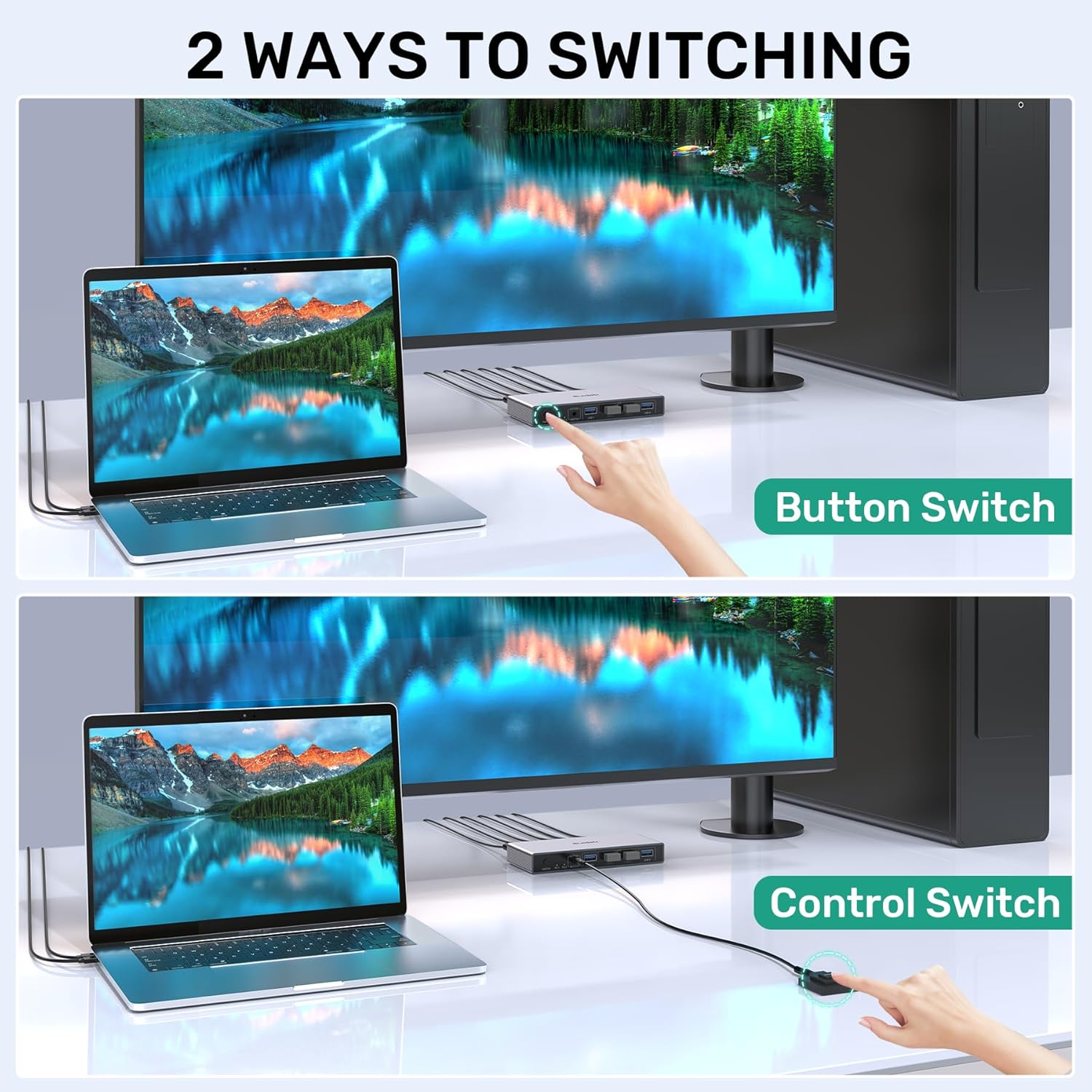 Switch KVM DisplayPort, Hub Adaptor pentru 2 computere si 1 monitor, 8K @ 60Hz, 4 porturi USB, cu controler desktop, 2 cabluri USB si sursa de alimentare