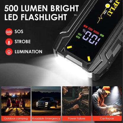 Starter auto portabil, jump starter 3000 A, robot de pornire cu functie powerbank de 24000 mAh, lanterna LED, ecran LCD, port USB-C, pana la 7 litri benzina si 5.5 litri diesel 12V, multifunctional
