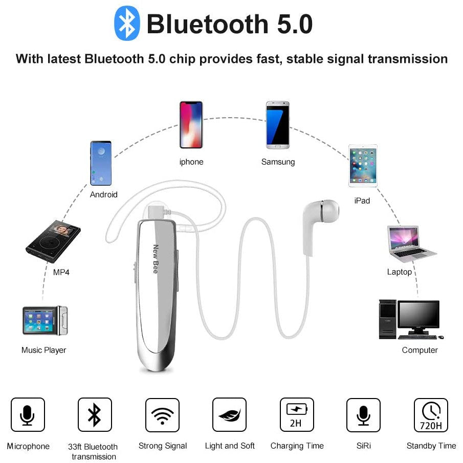 Casca New Bee Bluetooth V5.0, Handsfree, wireless, Reincarcabile, Stereo, Alb