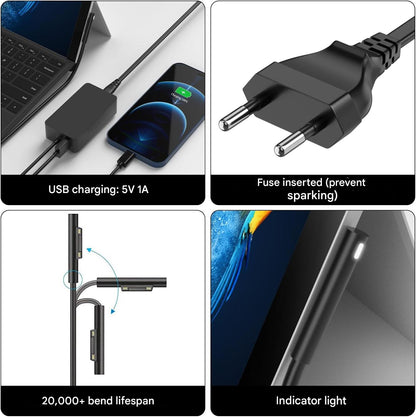 Incarcator tableta/laptop Surface Pro 11/10/9/8/7+/7/6/5/4/3/X, Windows Surface Laptop 7/6/4/4/3/2, Studio I5, Surface GO 4/3/2, Surface Book 3/2/1, 65W, cu iesire USB, negru