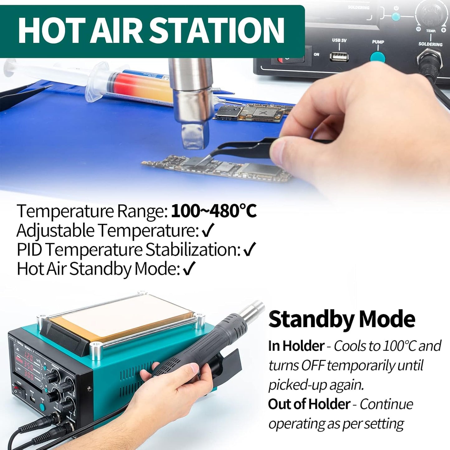 Statie de lipit si dezlipit cu aer cald, letcon si separator ecran LCD, 1180W, temperatura reglabila, display LED, port USB 5V, functie standby, multifunctionala