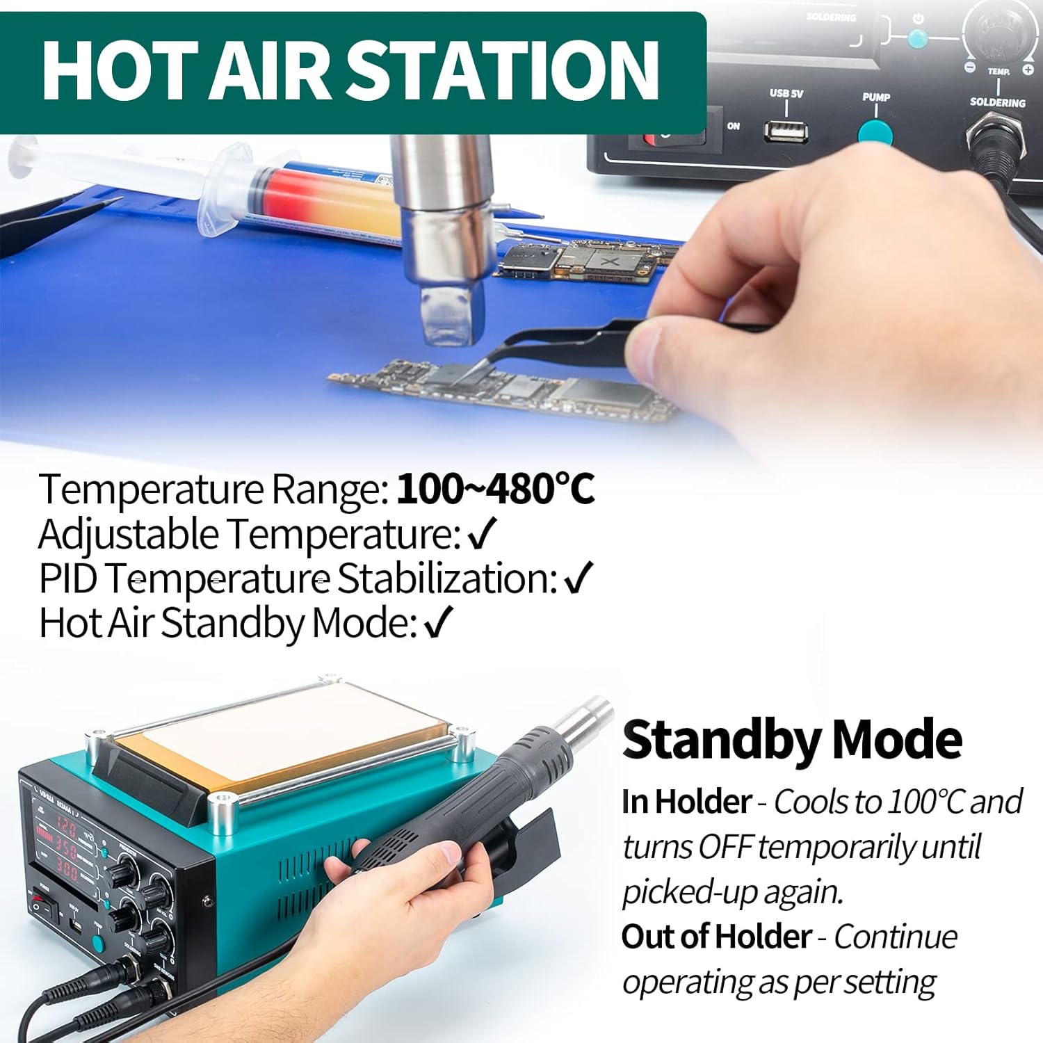 Statie de lipit si dezlipit cu aer cald, letcon si separator ecran LCD, 1180W, temperatura reglabila, display LED, port USB 5V, functie standby, multifunctionala