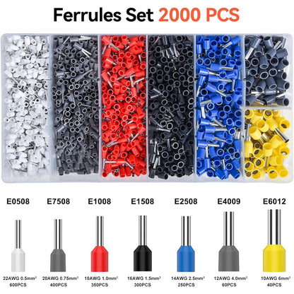 Cleste de sertizare hexagonal Preciva 0, 08–6 mm² + 2000 ferule pentru capete de sarma – Reglare automata, clichet cu blocare fortata, presiune reglabila, trusa profesionala pentru conectori izolati si neizolati