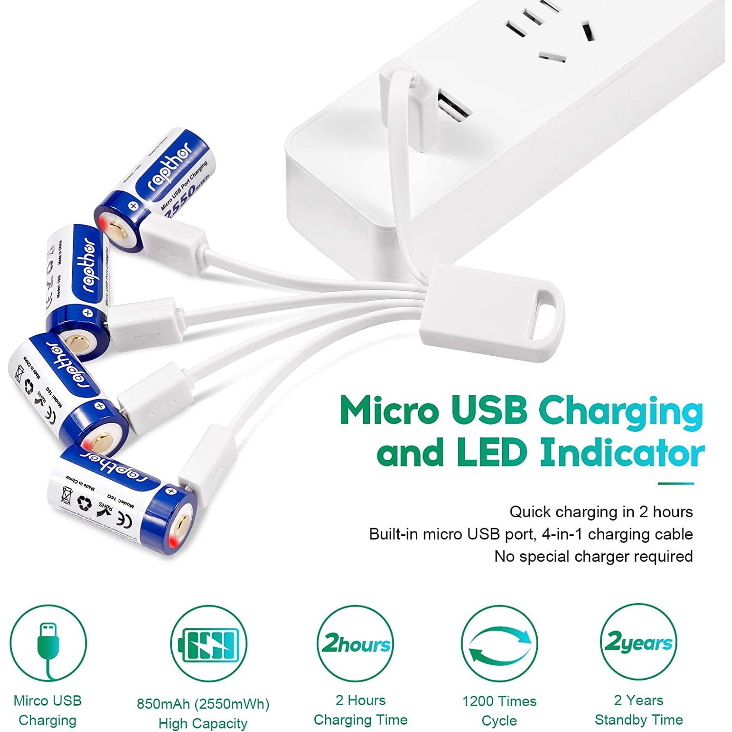 Set de 4 acumulatori 850 mAh, inlocuiesc CR123A, 123, 123A, BR2/3A, CR123, CR123R, CR17345, DL123A, EL123AP, K123, K123A, K123LA, L123A, SF123A, VL123A, 5018LC, cu port USB si LED indicator