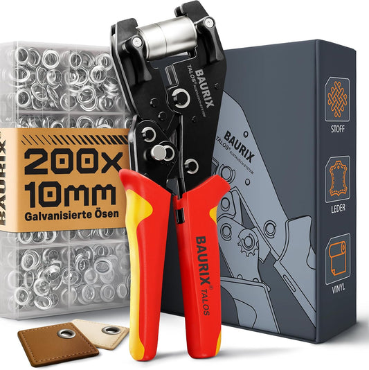 Cleste pentru ocheti, cu 200 inele de fixare prelate antirugina (diametru 10 mm) pentru PVC, material textil, piele, fara pre-perforare, prindere capse, unealta din otel carbon