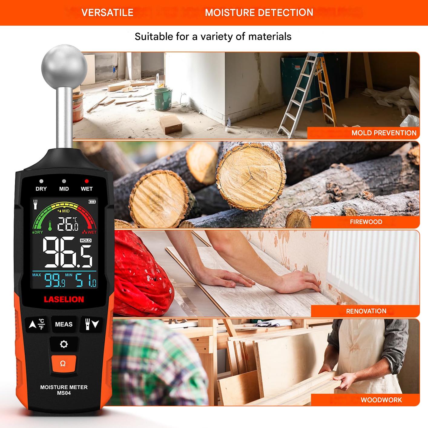 Umidometru, detector de umiditate digital cu ecran LCD, alerta sonora si lanterna LED, 5-40 mm adancime detectare, cu baterii, pentru perete, zidarie, lemn, tencuiala