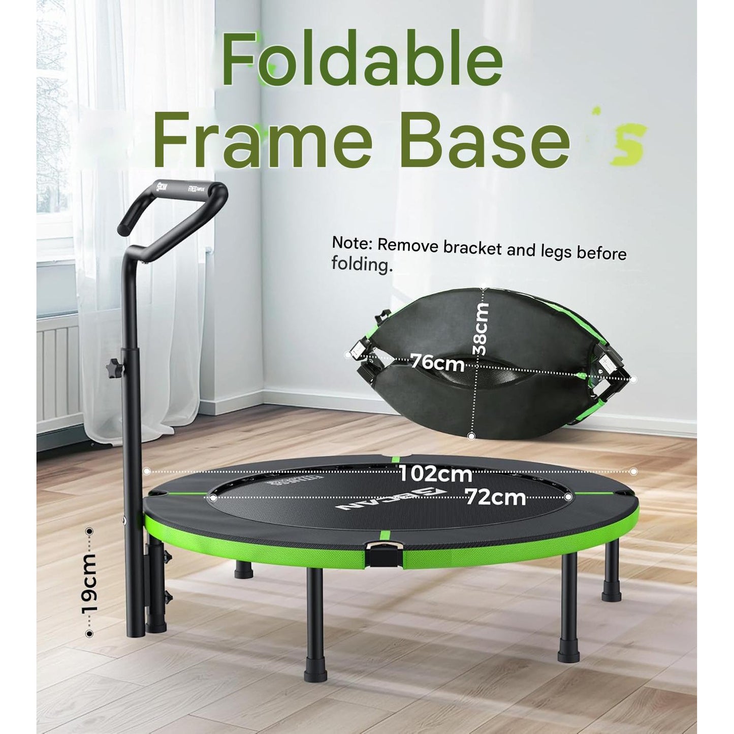 Trambulina fitness pliabila BCAN 102 cm pentru interior, capacitate maxima 150 kg, 32 arcuri ranforsate, cadru metalic stabil, ghidon reglabil cu maner din spuma, sistem anti-rasturnare, trambulina pentru exercitii cardio si fitness