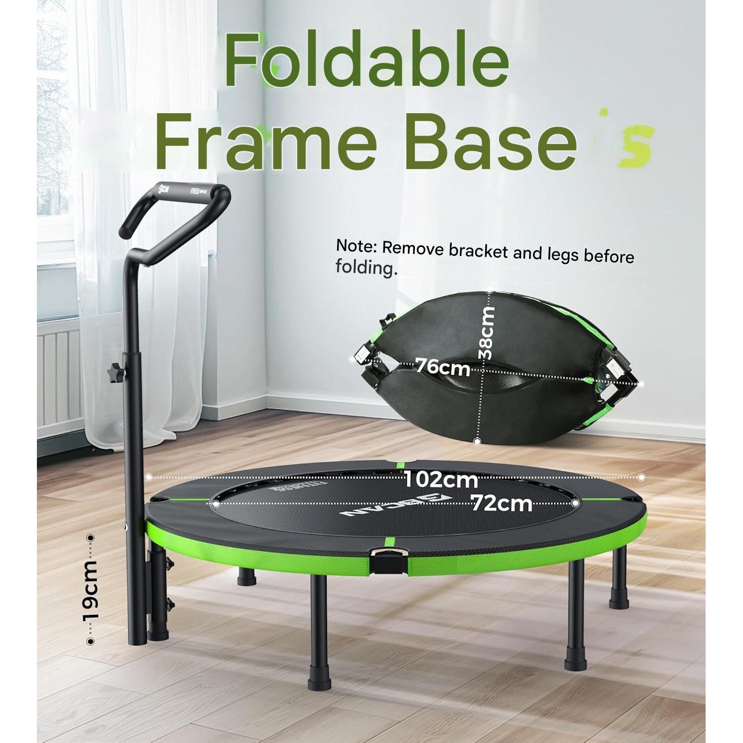 Trambulina fitness pliabila BCAN 102 cm pentru interior, capacitate maxima 150 kg, 32 arcuri ranforsate, cadru metalic stabil, ghidon reglabil cu maner din spuma, sistem anti-rasturnare, trambulina pentru exercitii cardio si fitness