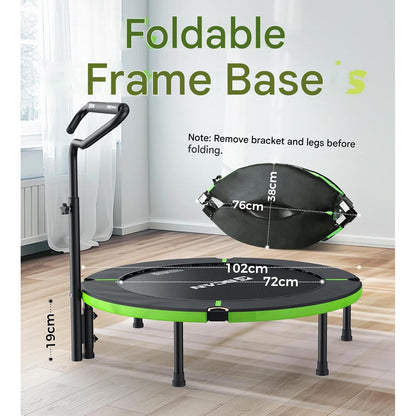 Trambulina fitness pliabila BCAN 102 cm pentru interior, capacitate maxima 150 kg, 32 arcuri ranforsate, cadru metalic stabil, ghidon reglabil cu maner din spuma, sistem anti-rasturnare, trambulina pentru exercitii cardio si fitness